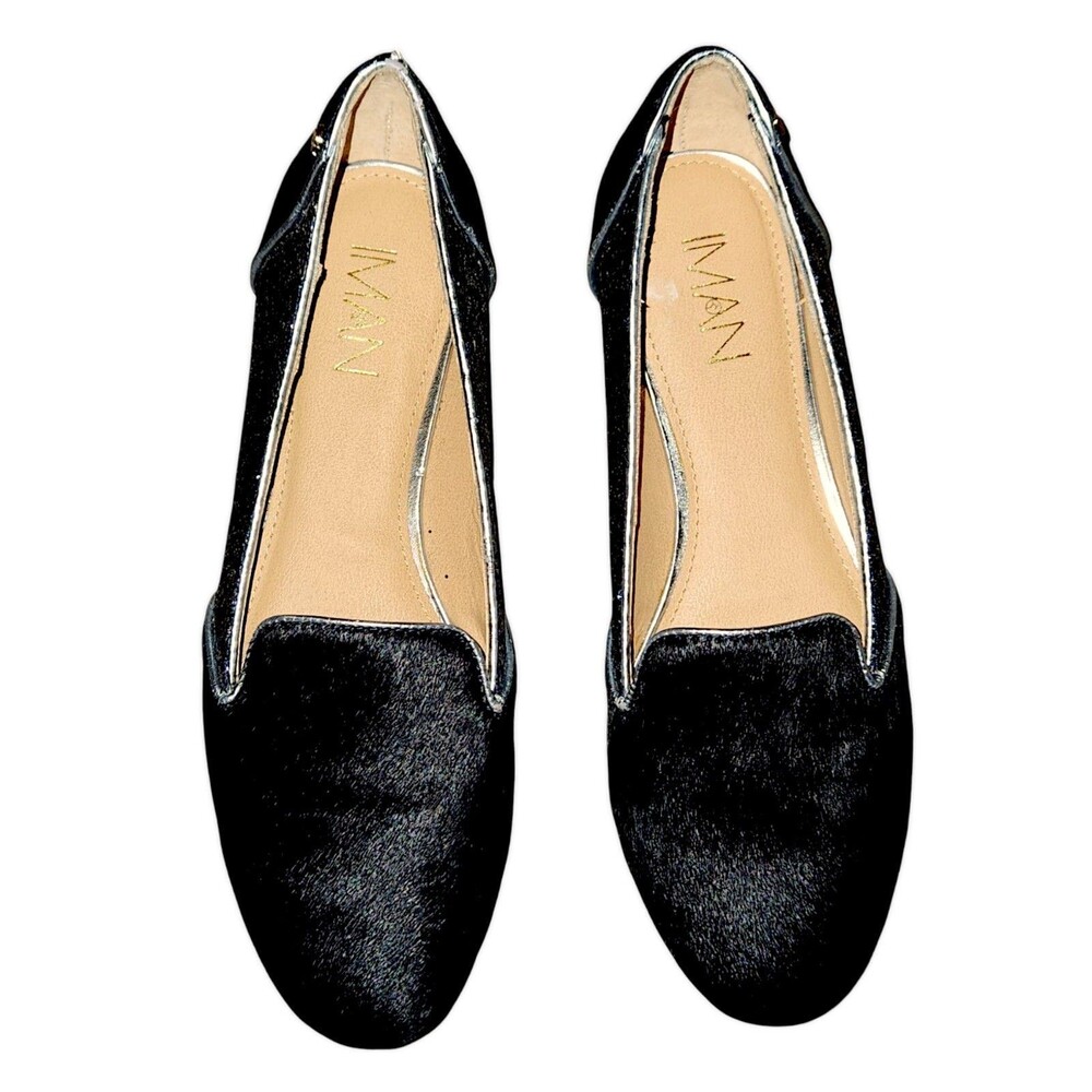 IMAN BLUE CALF HAIR & BLUE GLITTER SLIP ON LOAFER LEATHER SHOES SIZE 7.5M - NEW